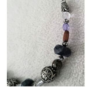 Lia Sophia Beaded Silver Blue Glass NECKLACE Black Leather Adjustable
